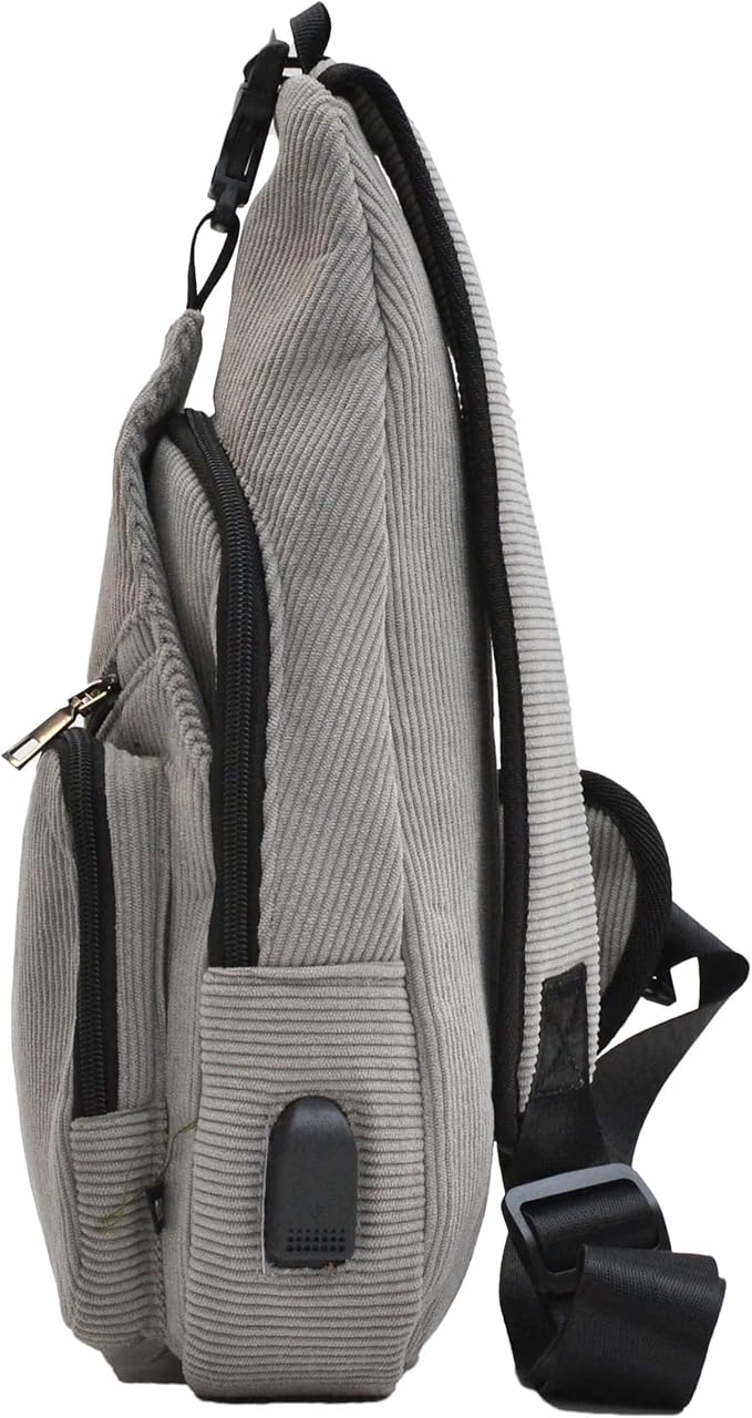 Anti-Theft Daypack Crossbody Sling Backpack, USB Charging, Lightweight Day Pack for Travel, Hiking, Everyday, Large, Gray Corduroy