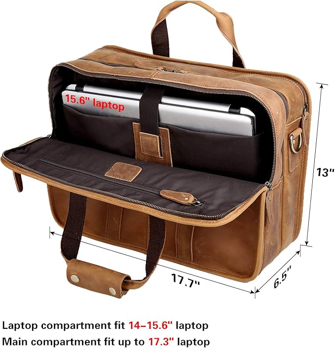Polare 17'' Full Grain Leather Briefcase Laptop Attache Case Messenger Bag For Men Fits 15.6'' Laptop