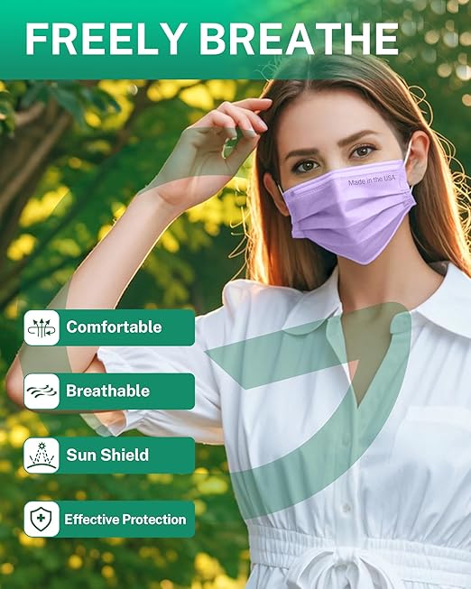 Disposable Face Masks Made in USA, 4 Ply for Families, Students, Breathable All-Day Wear & Safety, FSA HSA Eligible, ASTM Level 3 Medical Grade, 50 Pack, Purple