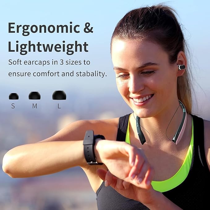 AMORNO Foldable Bluetooth Headphones Wireless Neckband Headset with Retractable Earbuds, Sports Sweatproof Noise Cancelling Stereo Earphones with Mic …