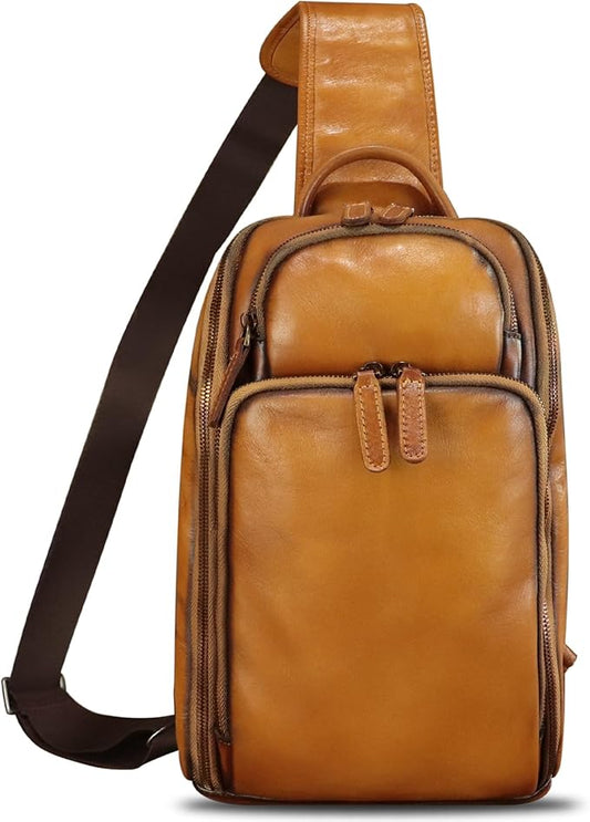 Genuine Leather Sling Bag for Men and Women Vintage Leather Sling Backpack Crossbody Bag Chest purse for 11 Inch Ipad Pro
