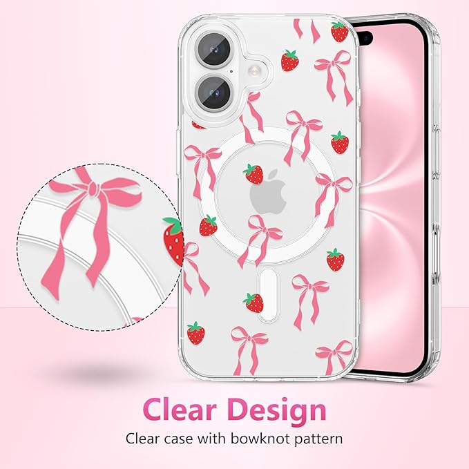 ZTOFERA for iPhone 16 Plus Magnetic Case Clear,Cute Love Heart Ribbon Bow Tie Aesthetic Phone Case,Transparent Trendy Slim Soft Shockproof Protective Phone Cover for Women Girls,Blush