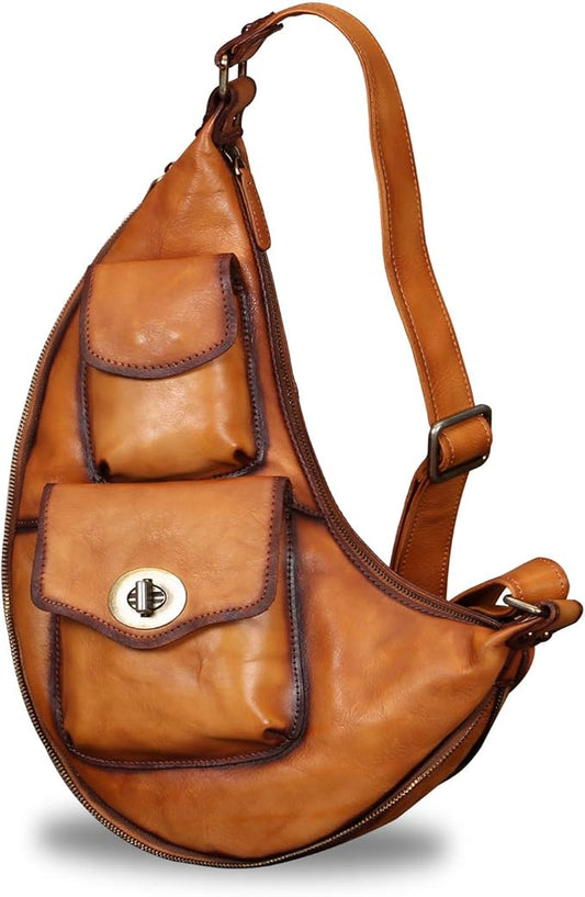 Genuine Leather Large Sling Bag for Men and Women Vintage Real Leather Sling Backpack Shoulder Crossbody Bag Chest Bag