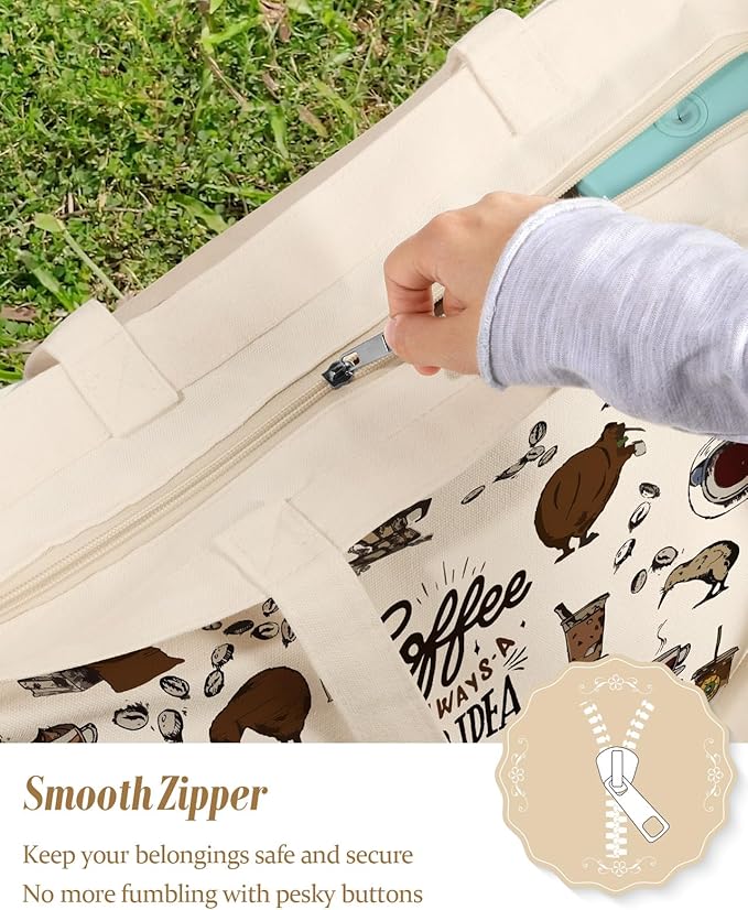 Large Tote Bag for Women - Canvas Tote Bag with Zipper Aesthetic Reusable Shoulder Bag for Gym, Travel, Work