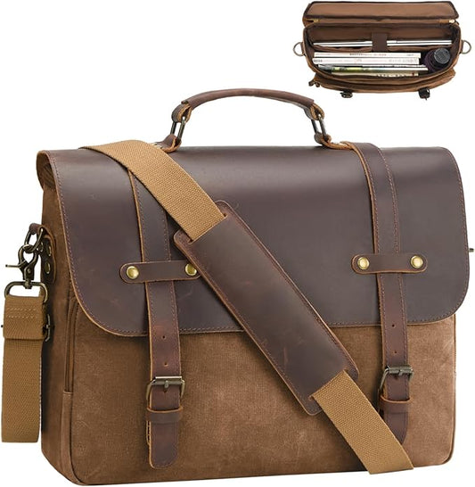 Mens Messenger Bag Waxed Canvas Laptop Briefcase 15.6“ Vintage Genuine Leather Crossbody Bags Waterproof Satchel Shoulder Bag