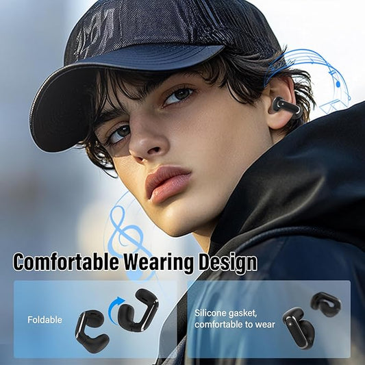 Wireless Earbuds, Clip On Ear Headphones, Bluetooth 5.4 HiFi Stereo Earbuds, 42H, LED Display Ear Buds, Comfortable Lightweight, IP7 Waterproof Open Ear Earphones, Earbud for Workouts Running, Black