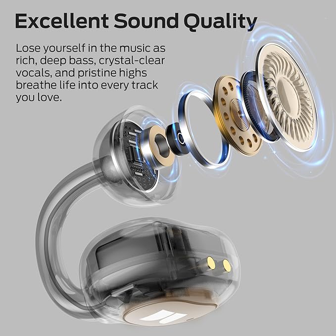 Monster Open Ear AC339 Earbuds, Bluetooth 6.0 Earphones Stereo Sound, Open Ear Clip Wireless Earbuds 40 Hours Playback, with Smart Digital Display Design, Touch Control, IPX6 Waterproof,Beige