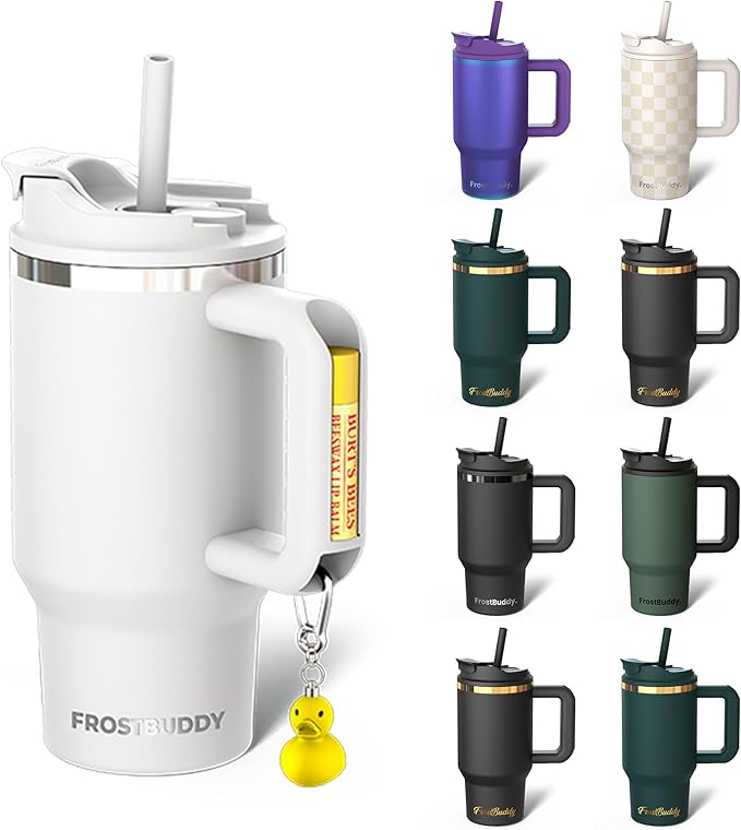 Frost Buddy Thicc Buddy - 16 oz Stainless Steel Vacuum Insulated Tumbler with Lid and Straw for Water - Travel Mug Cupholder Friendly - Gifts for Women Men Him Her (White)