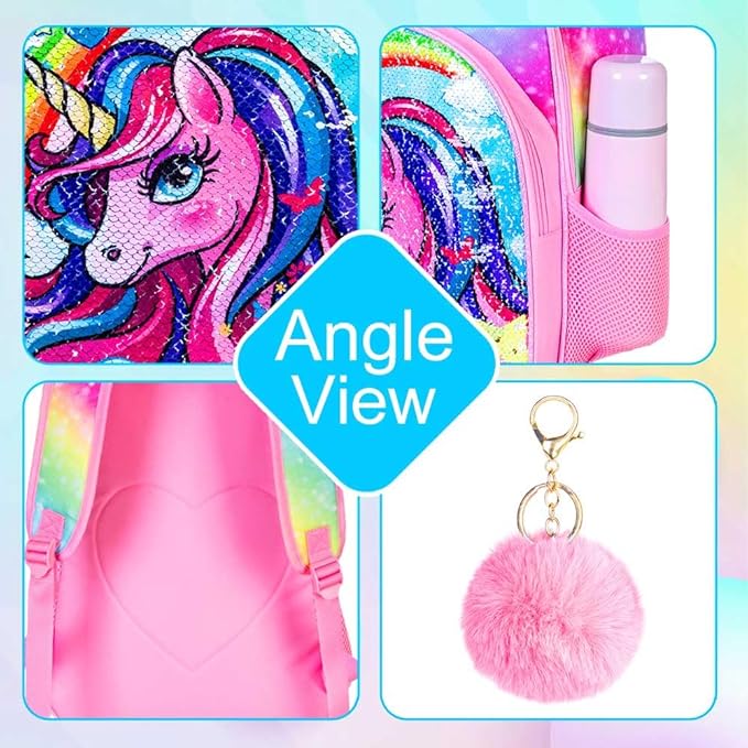 3PCS Unicorn Backpack, 16" Girls Rainbow Sequins Kids Bookbag with Lunch Box, School Bags for Elementary Preschool Kindergarten - Pink
