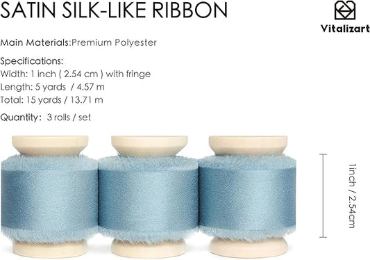 Vitalizart Blue Ribbon 1 inch Silk Satin Ribbon 15 Yard Dusty Blue Handmade Frayed Ribbons for Gift Wrapping Baby Shower Wedding Bridal Bouquets Holiday Decor