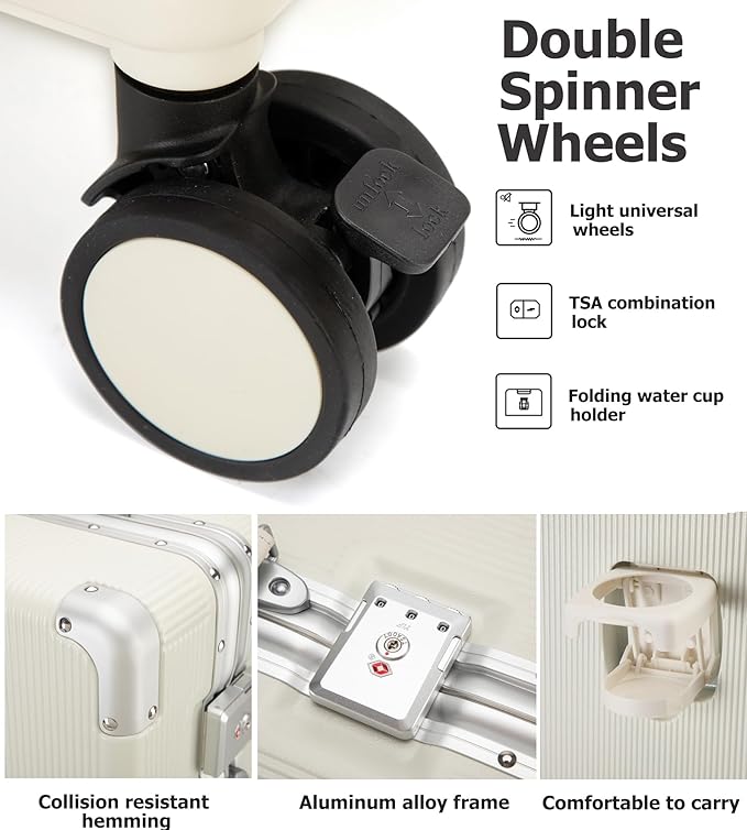 feilario 20'' Aluminum Frame Wide Handle PC Hardside Carry On Luggage - Double Spinner Wheels Luxury Rolling Travel Suitcase with TSA Lock & Cup Holder