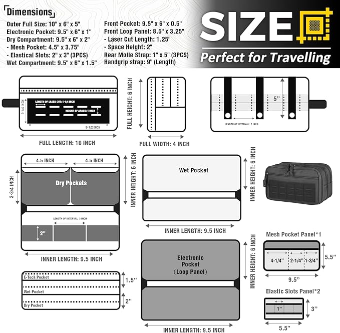 DBTAC Tactical Toiletry Bag w/Electronic Organizer Compartment | Dry/Wet Separate Hygiene Bag, Expanded Travel Dopp Kit Shaving Kit Travel shower Bag for Men (Black)