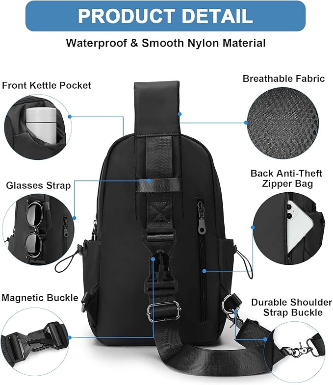 Large Black Sling Bag for Men and Women - Sport Crossbody Backpack for Pickleball, Tennis, Racketball