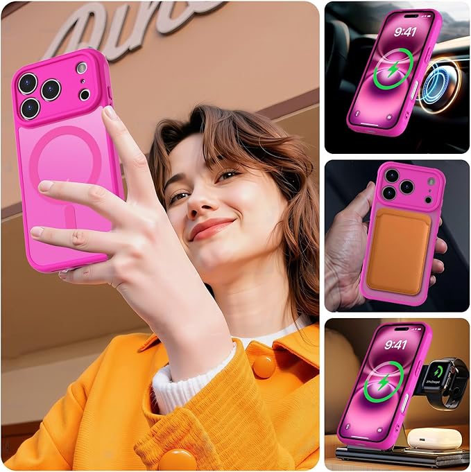 MOCCA Strong Magnetic Compatible with iPhone 17 Pro Max Case [Compatible with Magsafe] [Full Camera Protection] Slim Translucent Matte Shockproof Phone Case Cover 6.9",Hot Pink