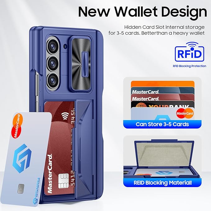 for Samsung Galaxy Z Fold 6 Case with Card Holder RFID Blocking & S Pen Holder& Slide Camera Cover& Hinge Protection& Full-Body Rugged Shockproof Wallet Case for Galaxy Z fold 6,Sapphire Blue