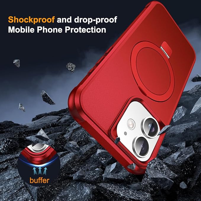 Compatible with iPhone 12 Case & iPhone 12 Pro Case 6.1" with Invisible Magnetic O-Ring Stand [Compatible with Mag-Safe][Great Grip Feeling], Red