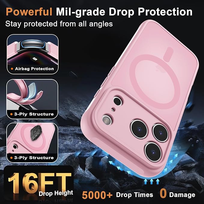 MOCCA Strong Magnetic Compatible with iPhone 17 Pro Max Case [Compatible with Magsafe] [Full Camera Protection] Slim Translucent Matte Shockproof Phone Case Cover 6.9",Pink