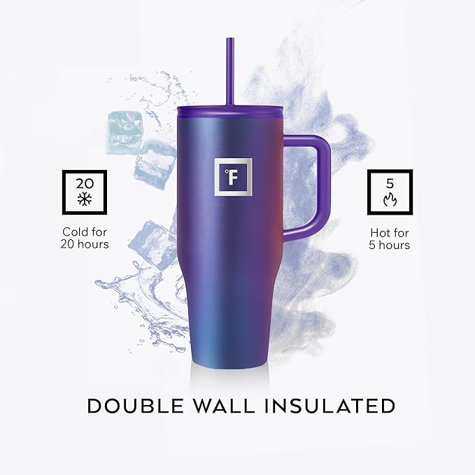 IRON °FLASK Co-Pilot Insulated Mug w/Straw & Flip Cap Lids - Cup Holder Bottle for Hot, Cold Drink - Leak-Proof - Water, Coffee Portable Travel Mug - Twilight Blue, 32 Oz