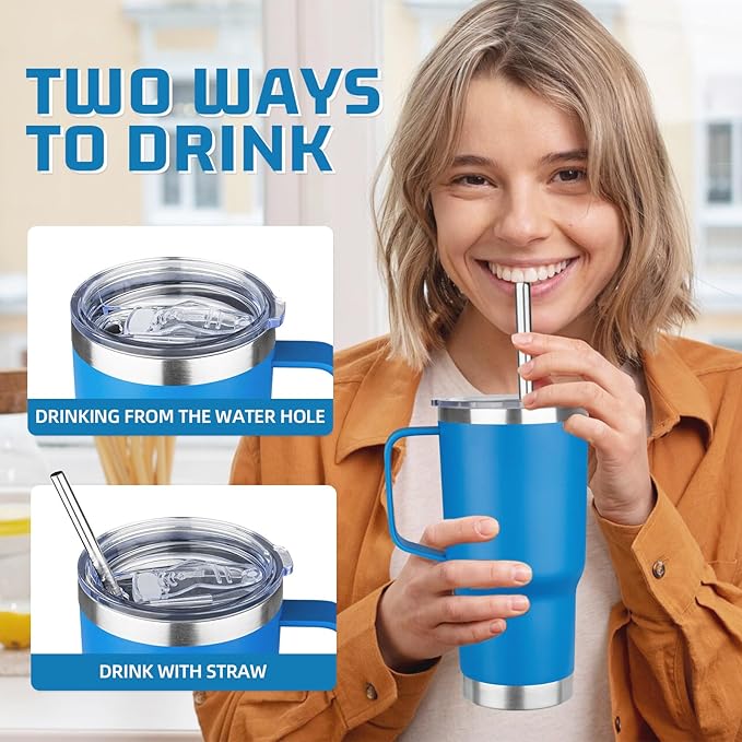 20 oz Tumbler with Handle Stainless Steel Insulated Coffee Mug Tumbler with Lid and Straw Double Wall Vacuum Insulated Coffee Mug Leak Proof Travel Mug Tumbler for Hot and Cold Drink (Sea Blue,1pack)