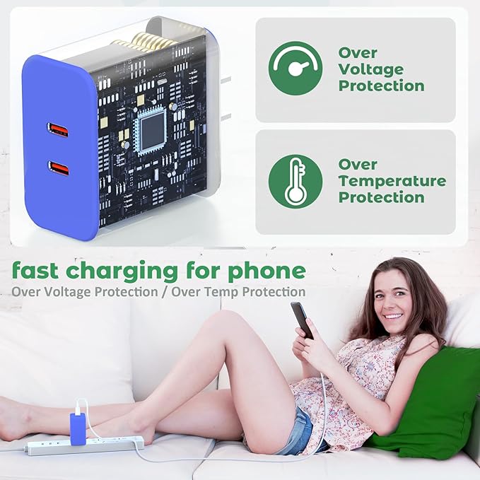 USB C Charger Block, 40W Dual Port Fast Charger 20W Type C Charging Block 3.1A USB Wall Charger Dual Port PD+QC Charging Cube for iPhone 15 16 14 13 12 11 Pro Max XS, iPad, Samsung Phone-Blue