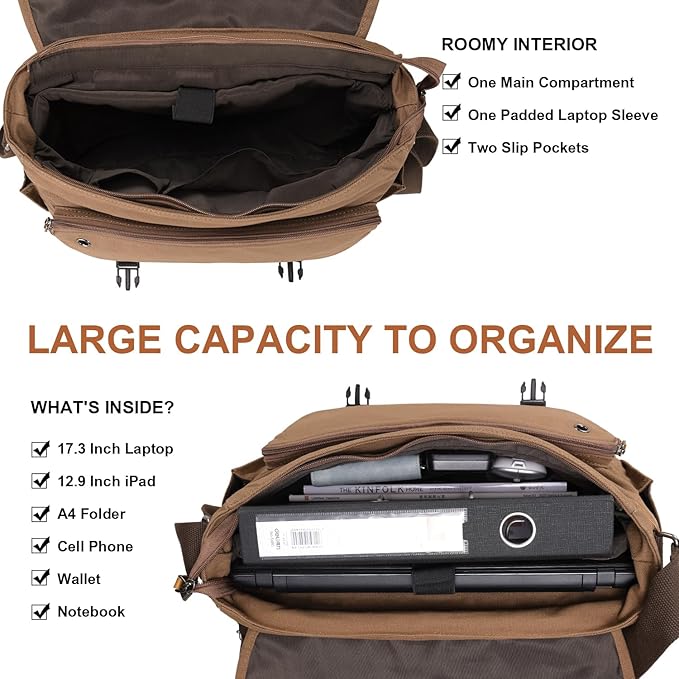 ESTARER Messenger Bag 17-17.3 Inch, Men's Computer Bag Water-resistant Canvas, Laptop Shoulder Bag for Travel Work College, Brown