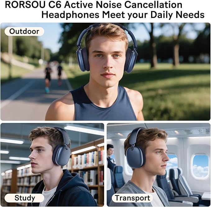 RORSOU C6 Active Noise Cancelling Headphones, Wireless Over Ear Bluetooth Headphones, 60H Playtime, Lightweight Folding Deep Bass Comfort Fit Ear Cups Headset with Mic for iPad/Travel/PC/Home Blue