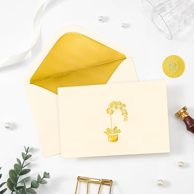 Crisky 50 Pack Blank Cards and Envelopes 4x6, Embossed Gold Foil Orchid Blank Greeting Cards Bulk for Wedding, Bridal Shower, Baby Shower, Birthday Party Decoration Favors