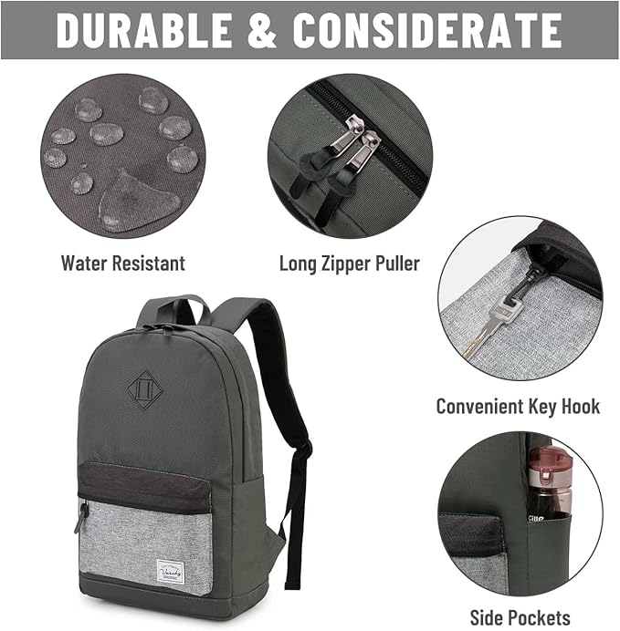 VASCHY Backpack for Men Women, Water-Resistant School Backpack Bookbag Schoolbag Casual Daypack Work Gray