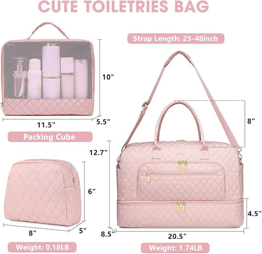 Large Women Travel Duffle Bag - Carry on Overnight Bag Weekend Travel Duffel Tote Gym Bag with Wet Pocket Toiletry Weekender Overnight Bag for Travel Business Trips Sports Hospital Pink 3 Pcs Set