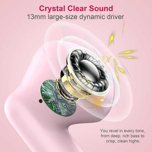 Wireless Earbuds, Bluetooth 5.4 Earbuds Stereo Bass, Bluetooth Headphones in Ear Noise Cancelling Mic, Wireless Earphones IP7 Waterproof Sports, 32H Playtime Mini USB C Charging Ear Buds Light Pink