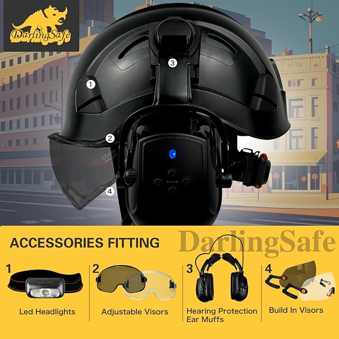Hard Hats with Visor Bluetooth Ear Muffs Safety Helmet with Visors Mounted Safety Ear muff Hardhats Vented ANSI Z89.1 OSHA
