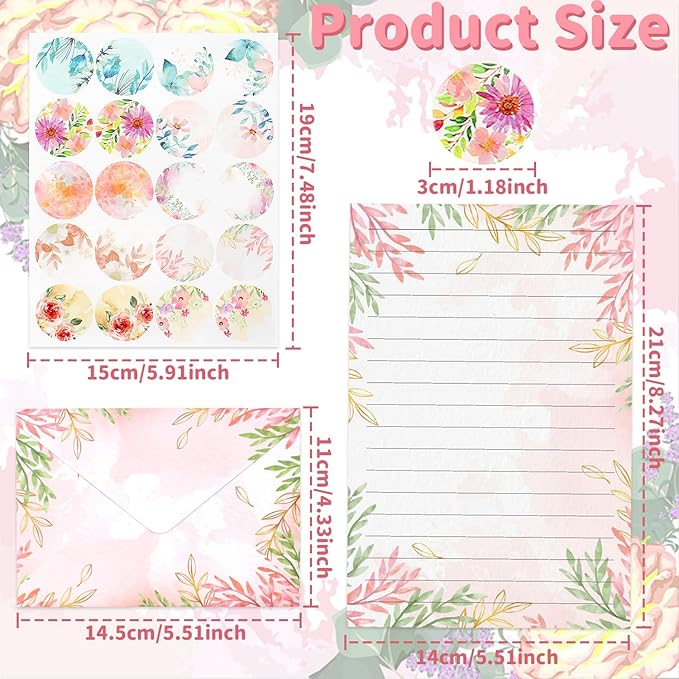 160 Pcs Stationery Paper Set Including 50 Matching Envelopes 50 One Sided Stationery Writing Papers 60 Round Dot Sticker for School Office Supplies,10 Design, 5.5 x 8.25 Inch(Flower)