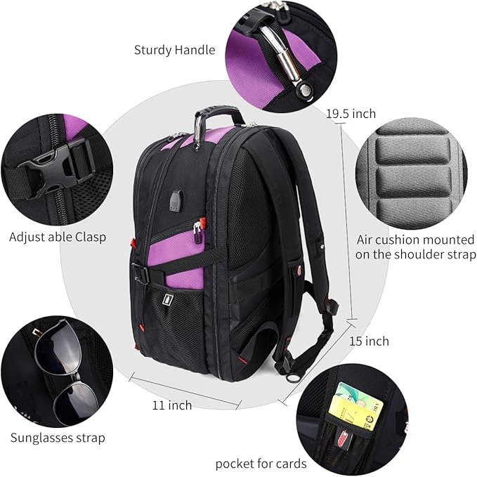 SHRRADOO Extra Large 50L Travel Laptop Backpack with USB Charging Port, College High School Backpack Airline Approved Business Work Bag Fit 17 Inch Laptops for Men Women,Purple