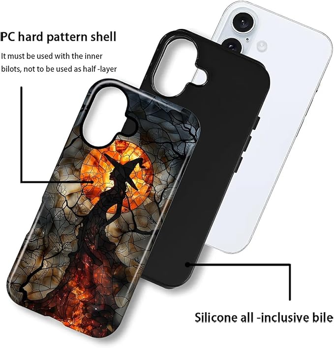 Case for iPhone 16 Case,Halloween Witch Moon Stained Glass Design - Hybrid Dual Protection Silicone + Hard PC Shockproof Full Body Cover Slim Anti-Scratch Protective Case for Men Women