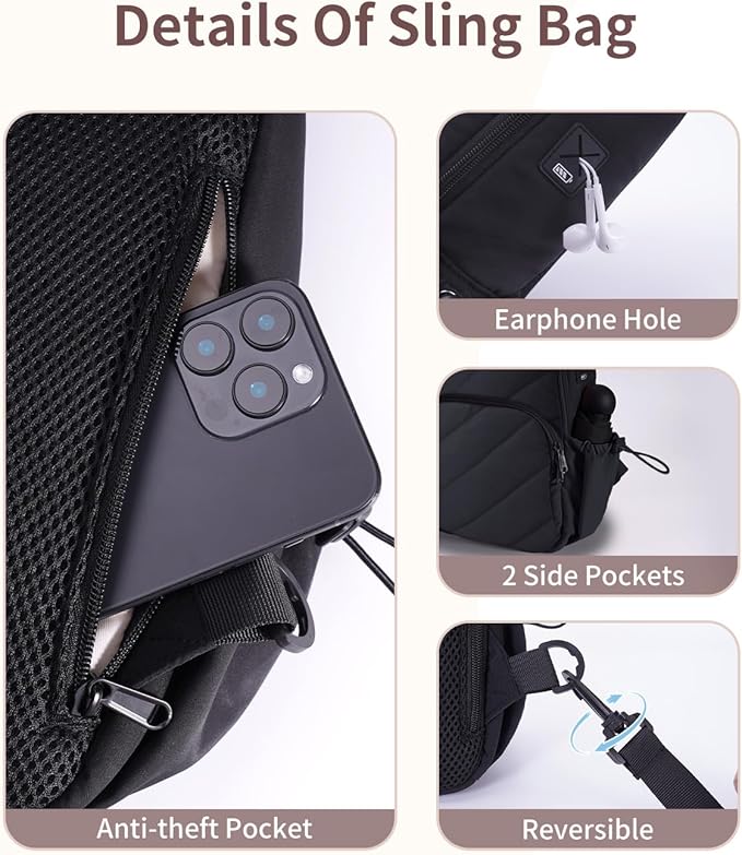 Wandering Nature Sling Bag for Women Lightweight Quilted Crossbody Bag Fits for 11" Tablet with Breathable Back Panel Anti Theft Pocket Padded Strap USB Charge Port, Ideal for Travel, Daily Use