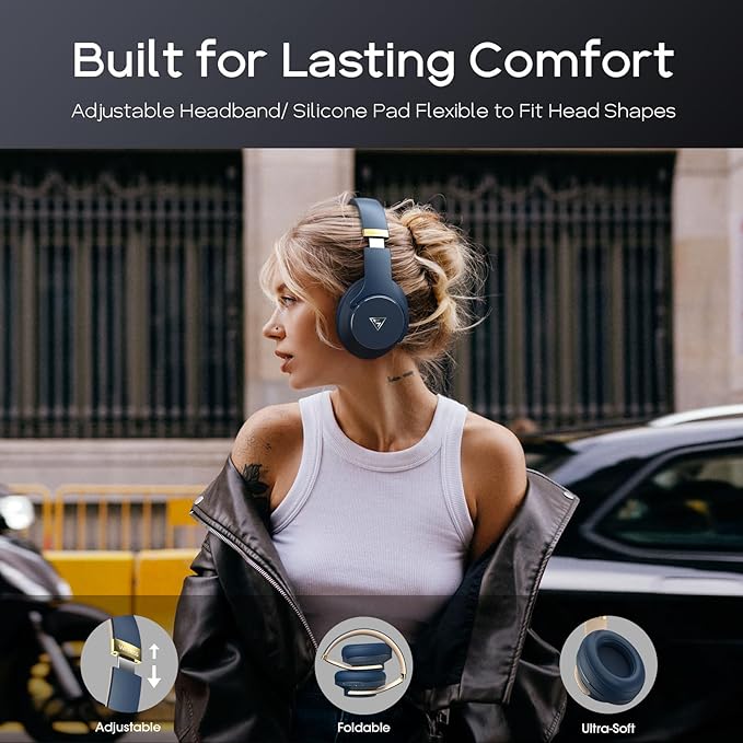 DOQAUS Bluetooth Headphones Over Ear Wireless Headphone, 90H Playtime and 3EQ Modes with Mic, HiFi Stereo Sound, Deep Bass, Memory Foam Cups, for Phone PC Travel Home Office