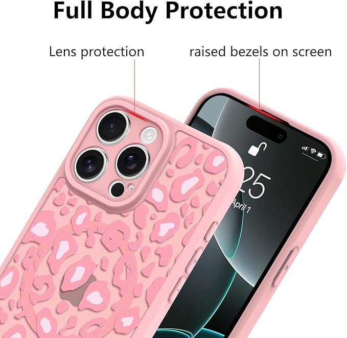KANGHAR Case for iPhone 16 Pro Max Pink Leopard Printed Pattern Cute Cheetah [Compatible with Magsafe] Protective Magnetic Case for Girls Women 6.9"