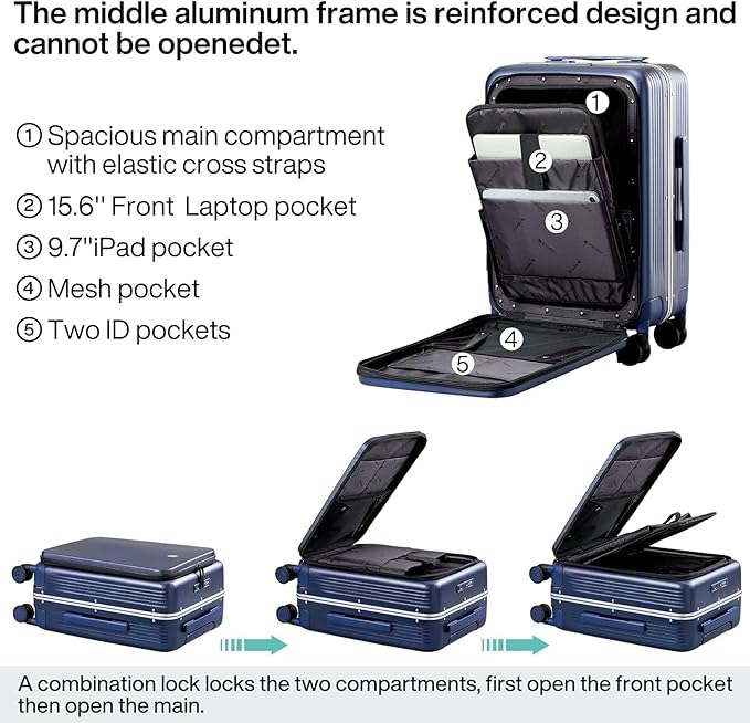 Hanke 20 Inch Carry On Luggage with Front Pocket Aluminum Frame, Hard Shell Suitcases with Wheels, Rolling Luggage, Suitcase with Lock, Travel Luggage for Weekender, Dark Blue