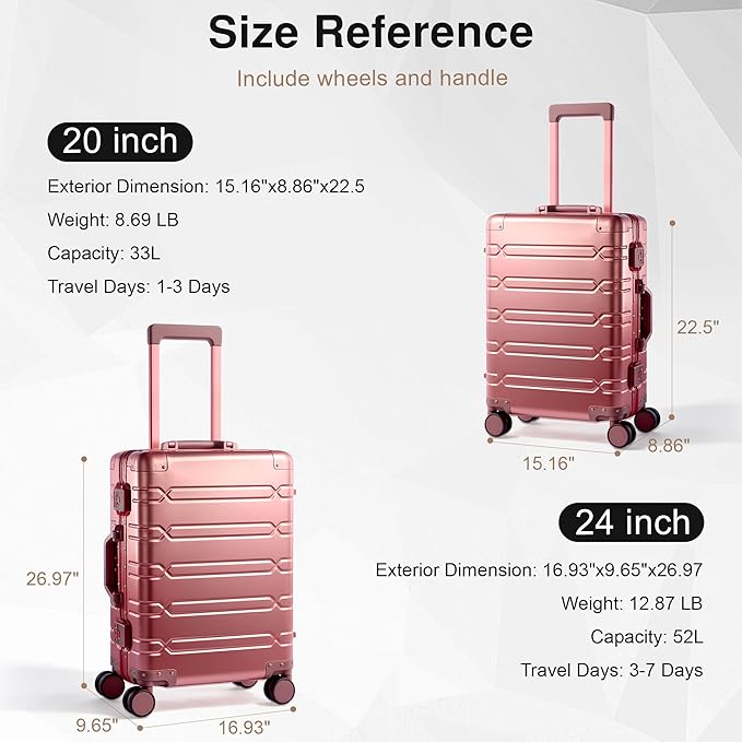 All Aluminum Carry On Luggage 22x14x9 Airline Approved，Zipperless Luggage Premium Aluminum Suitcase Luggage, Hard Shell Carry On Luggage with Spinner Wheels (rose gold, 20inch)