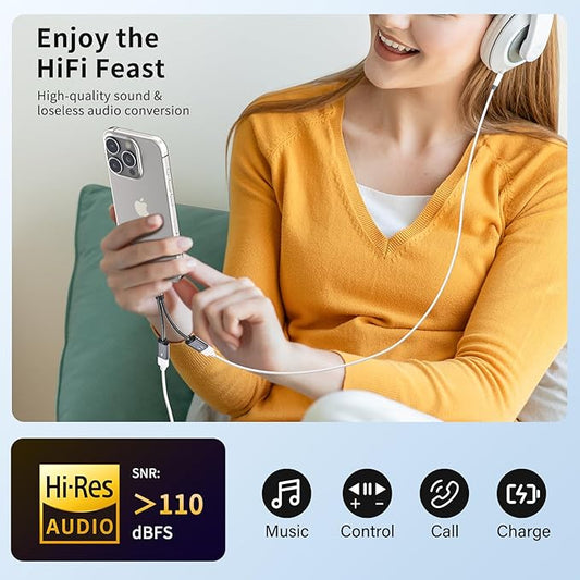 USB C Splitter, Dual USBC Headphone and Charger Adapter, 2-in-1 Type USBC Hi-Res DAC Adapter Audio Dongle Cable with PD 60W Fast Charging Cable for iPhone 16/15 Series & All USB-C Devices