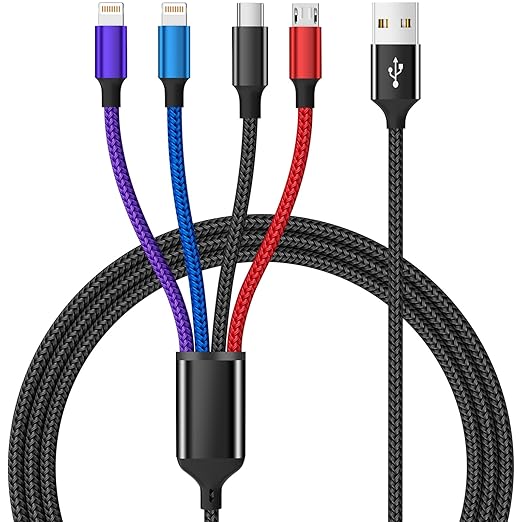 Dual IP 4 in 1 Multi Charging Cable [1Pack 5FT], Nylon 4 in 1 Charging Cable, Multi Chargers for All Devices with IP/IP/Type C/Micro Port, Compatible with Most Cell Phones/Tablets and More