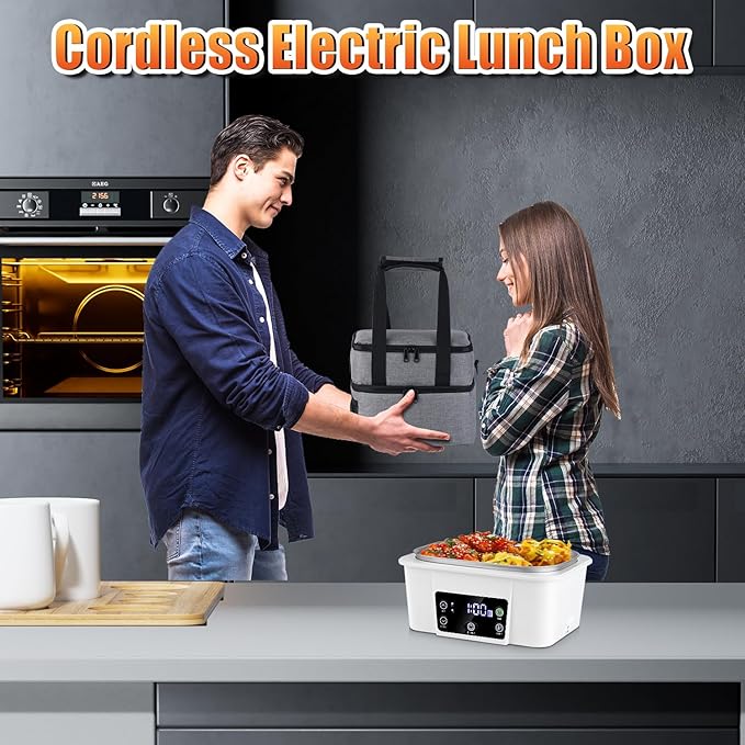 Cordless Electric Lunch Box 16,000mAh – Smart Automatic Heating, 1.6L Portable Food Warmer (212°F Max), Rechargeable Battery-Powered Hot Meal Container for Office, Travel & Outdoor