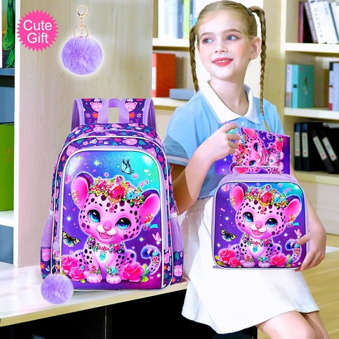 3Pcs Girls Backpack, 16" Kids Bookbag with Lunch Box，Leopard School Backpacks for Elementary Preschool Kindergarten (Purple)