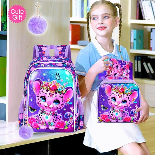 3Pcs Girls Backpack, 16" Kids Bookbag with Lunch Box，Leopard School Backpacks for Elementary Preschool Kindergarten (Purple)