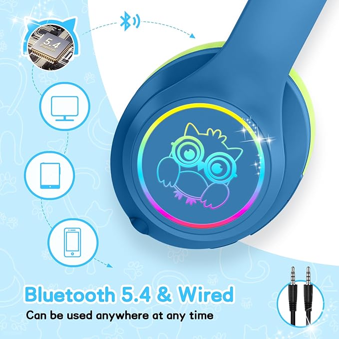 LOBKIN Active Noise Cancelling Headphones for Kids,Bluetooth 5.4,Kids Headphones Wireless with Mic 50H Playtime AUX Cord Safe Volume Limited Foldable for Boy Girl Travel/School/iPad(with LED Lights)