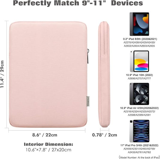 MoKo 9-11 Inch Tablet Sleeve Bag Carrying Case Fits iPad air 5 10.9" 2022,iPad Pro 11 M2 2022-2018,iPad 10th 10.9,iPad 9/8/7th Gen 10.2,iPad Air 4 10.9/Air 3 10.5,Tab S8/S9 11", Baby Pink
