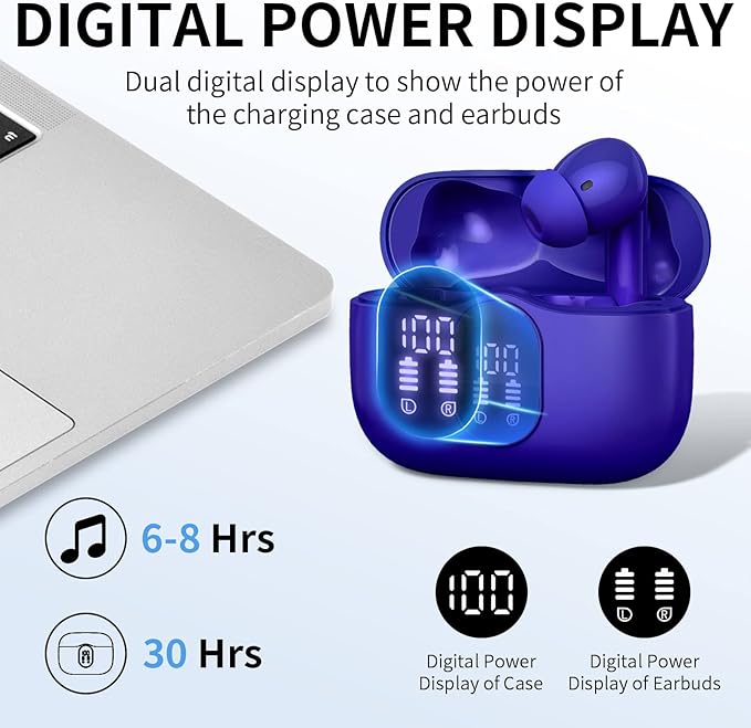 Wireless Earbuds, Bluetooth 5.4 Headphones Bass Stereo, Ear Buds with Noise Cancelling Mic LED Display, IP7 Waterproof in Ear Earphones, 36H Playtime for Laptop Pad Phones Sports Workout, Dark Blue