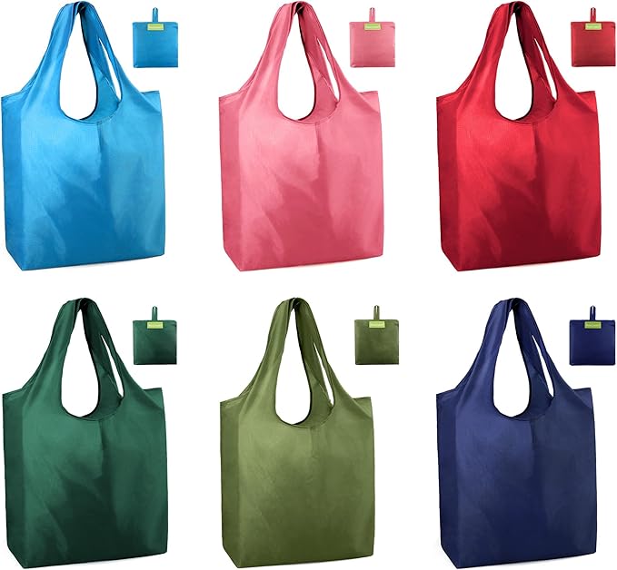 BeeGreen Colorful Reusable Grocery Bags 6 Pack, Heavy Duty Totes for Women, Foldable Grocery Bag Large Shopping Totes with Handles for Work, Travel, Gift, Store, Polyester Washable Reusable Tote Bag