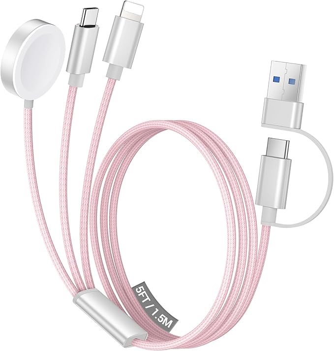 Temdan for Travel Vacation Essentials,3 in 2 USB C Cable for Apple Watch Charger/iPhone 17 Charger/Lightning,Multi Charging Cable Cord,Camping Essentials,Designed for iWatch &iPhone 16-12-5FT Pink