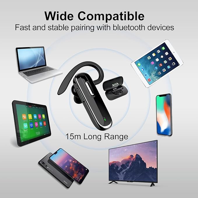 Bluetooth Earpiece for Cell Phones, V5.1 Wireless Headset Handfree with Battery Charging Case Built-in Microphone for iPhone Android Driver/Business/Office